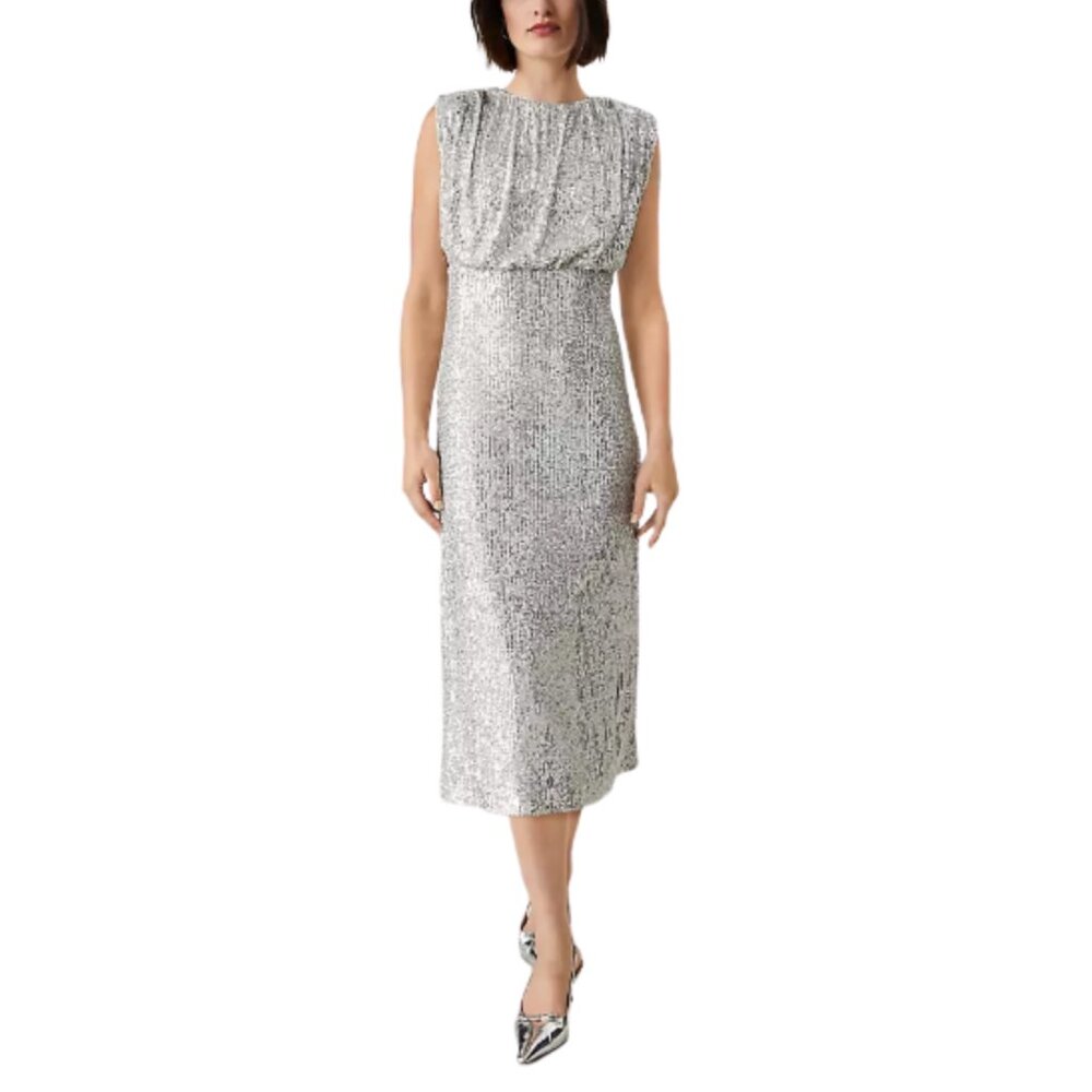 Ann Taylor Silver Sequin Midi Dress Shimmer Cocktail Party Size 14 NEW - Picture 3 of 12